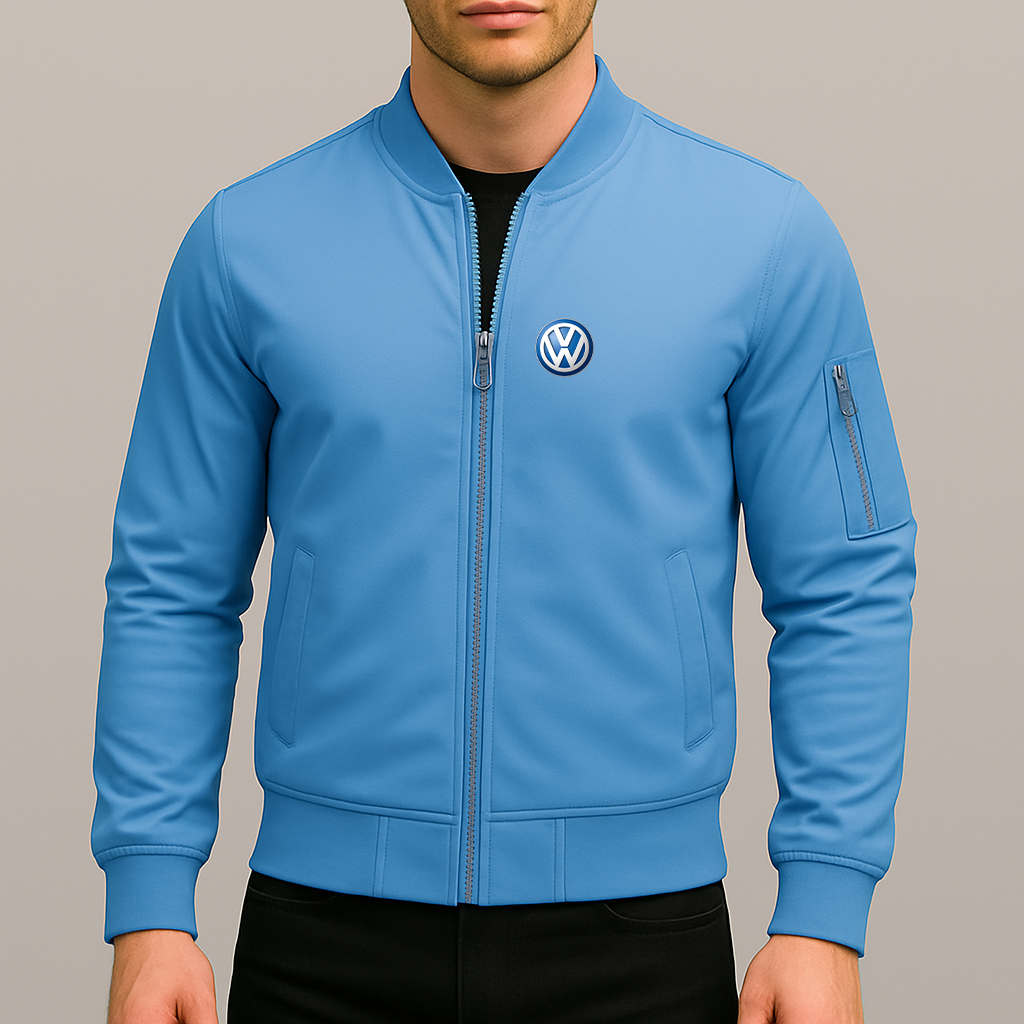 Men’s VW Volkswagen Car Lightweight Zip-Up Bomber Jacket with Ribbed Collar and Cuffs - Versatile Casual Outerwear